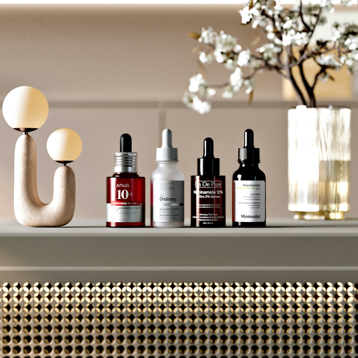 Close-up of a woman examining serum bottles at her skincare shelf, comparing labels in natural window light